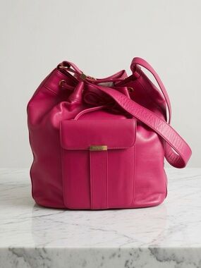 Vintage Yves Saint Laurent Fuchsia Leather Drawstring Shoulder Bucket Bag 80-90s